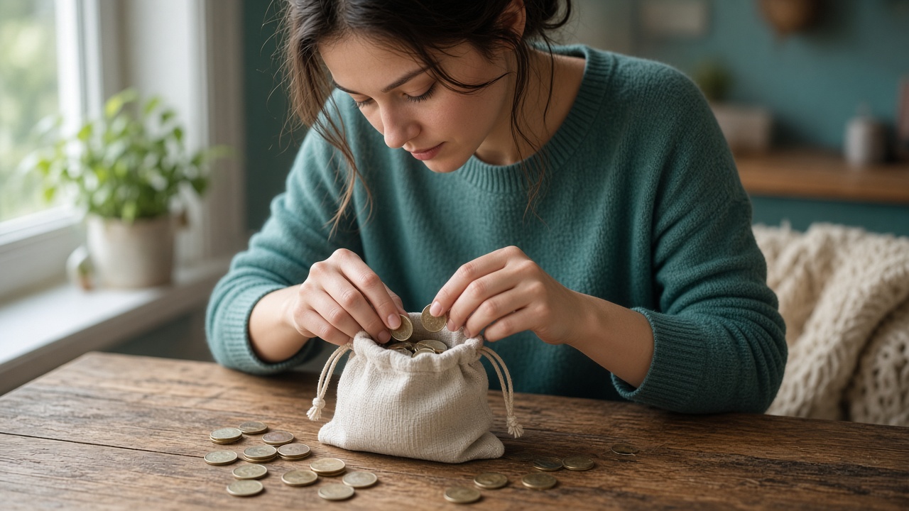 Counting coins into a small pouch on a wooden table.